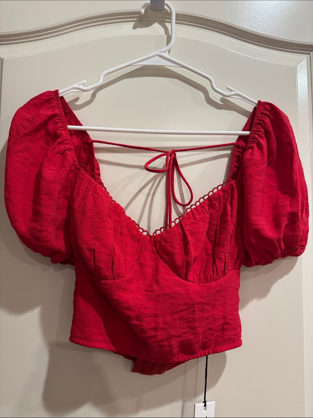 NWT Red Puff Sleeve Tie-Back Crop Top